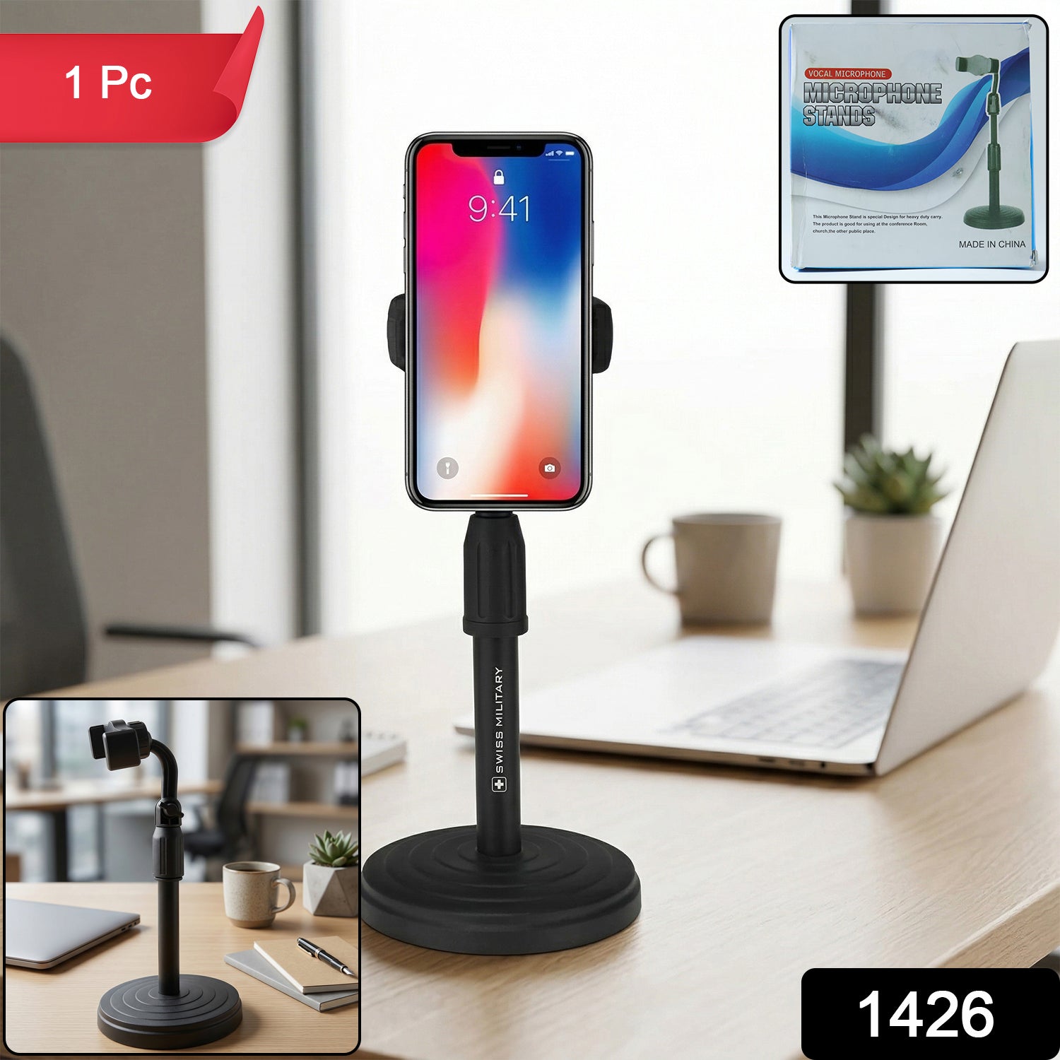 Side view of adjustable phone holder stand for smartphones