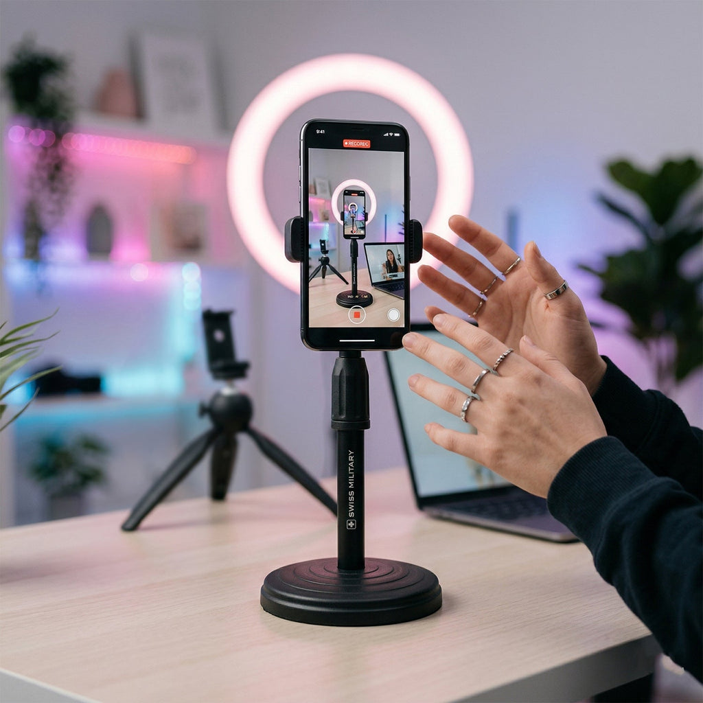 Close-up of adjustable mobile phone stand showing rotation feature
