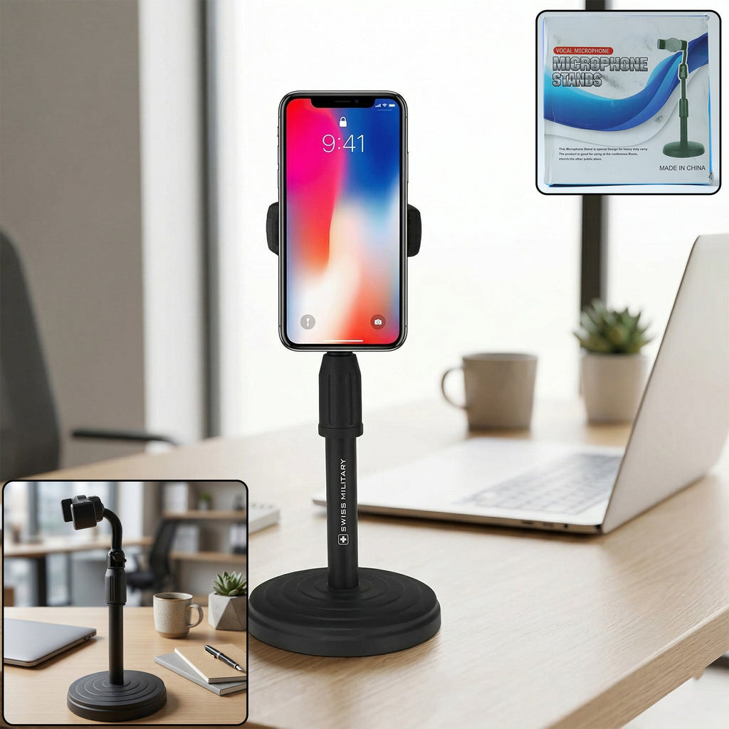 Adjustable 360° rotating mobile phone holder with heavy base on desk