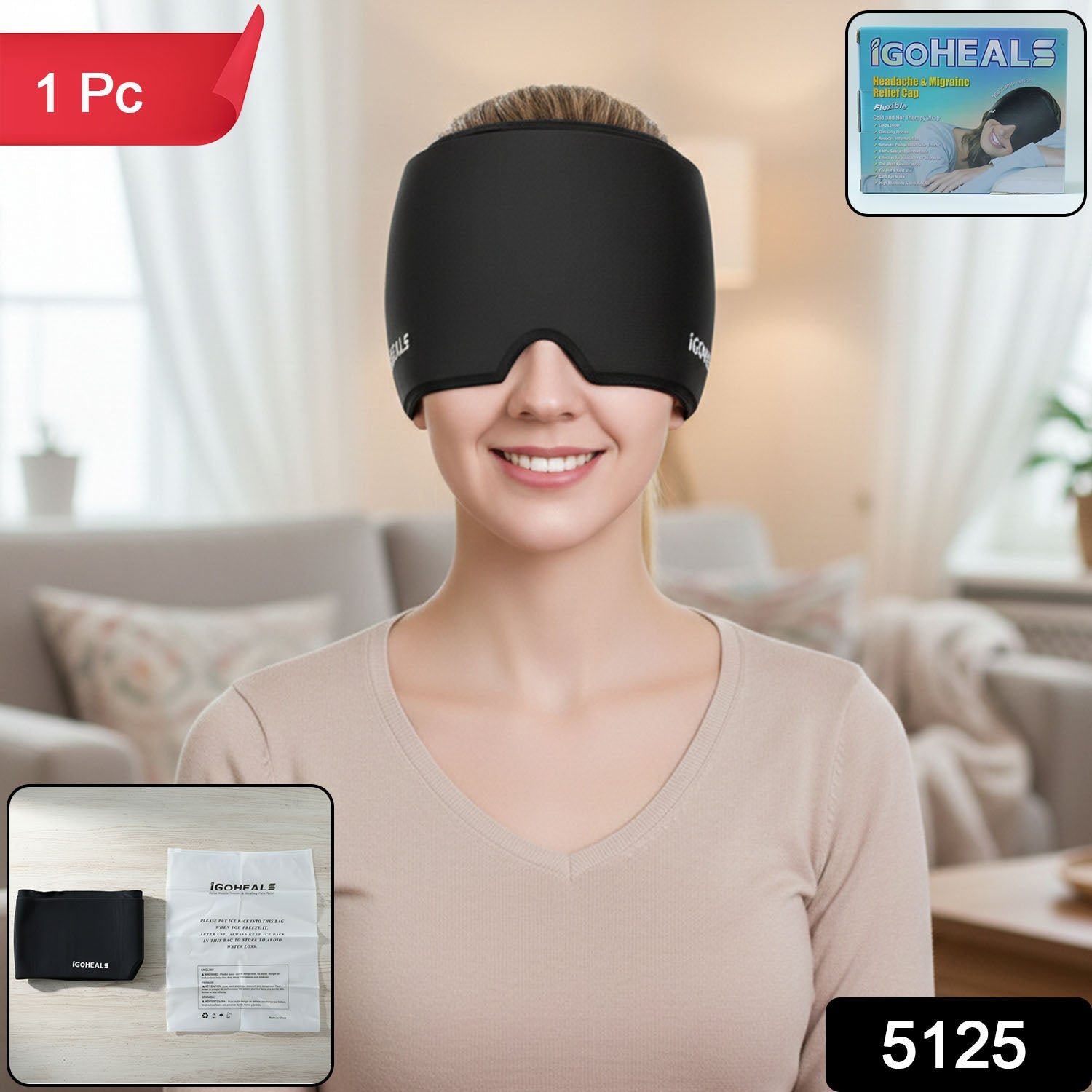 Gel eye mask component of the hot & cold therapy headache relief cap