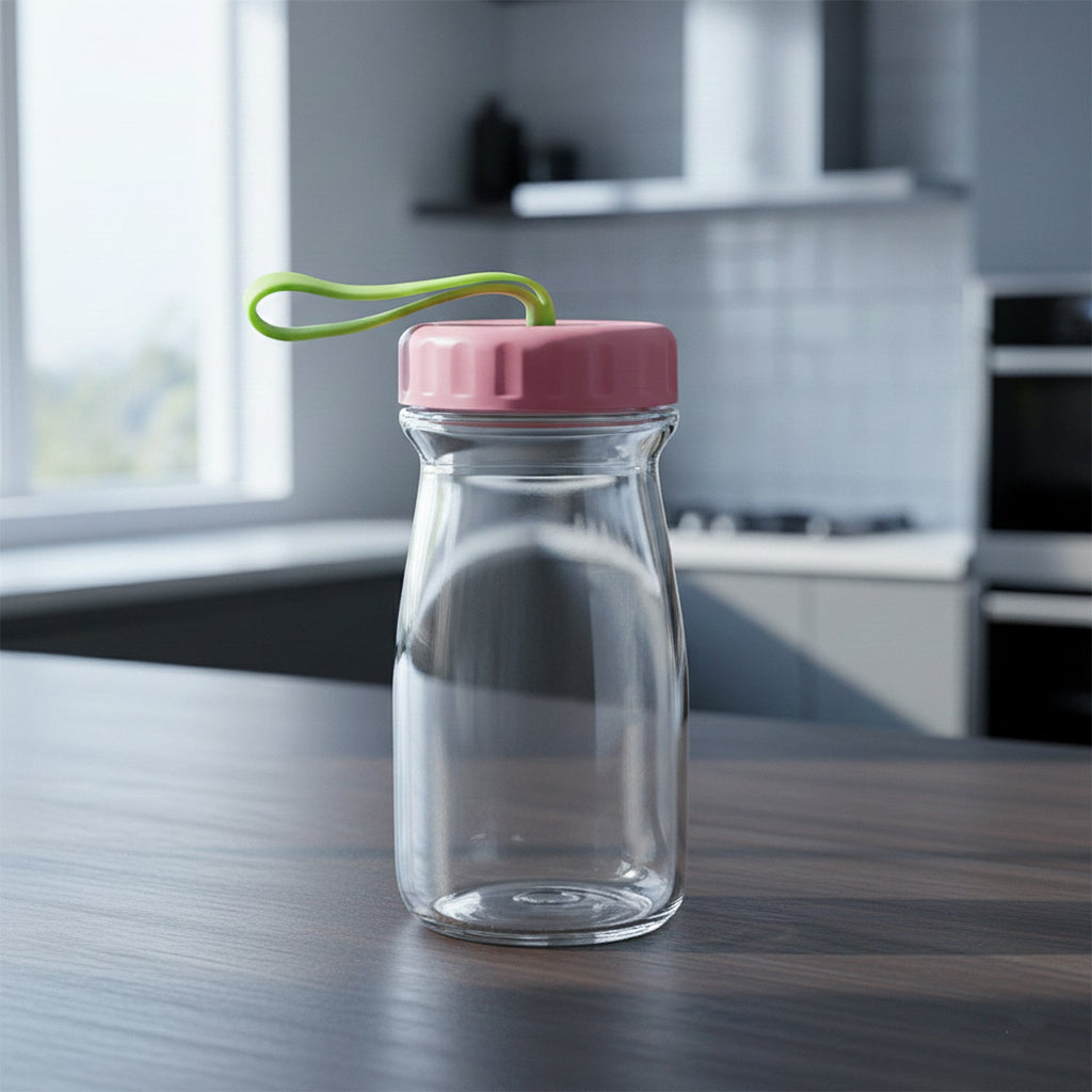 Glass bottle with vibrant silicone lid and convenient carrying handle