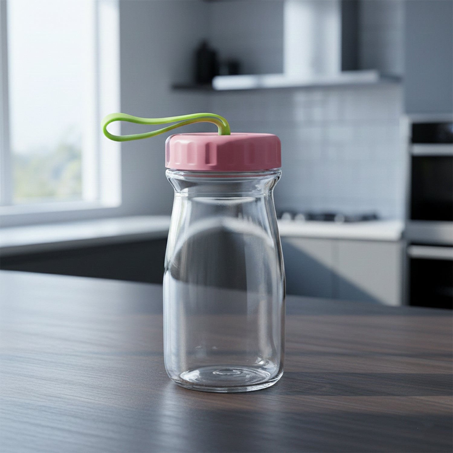 Glass bottle with vibrant silicone lid and convenient carrying handle
