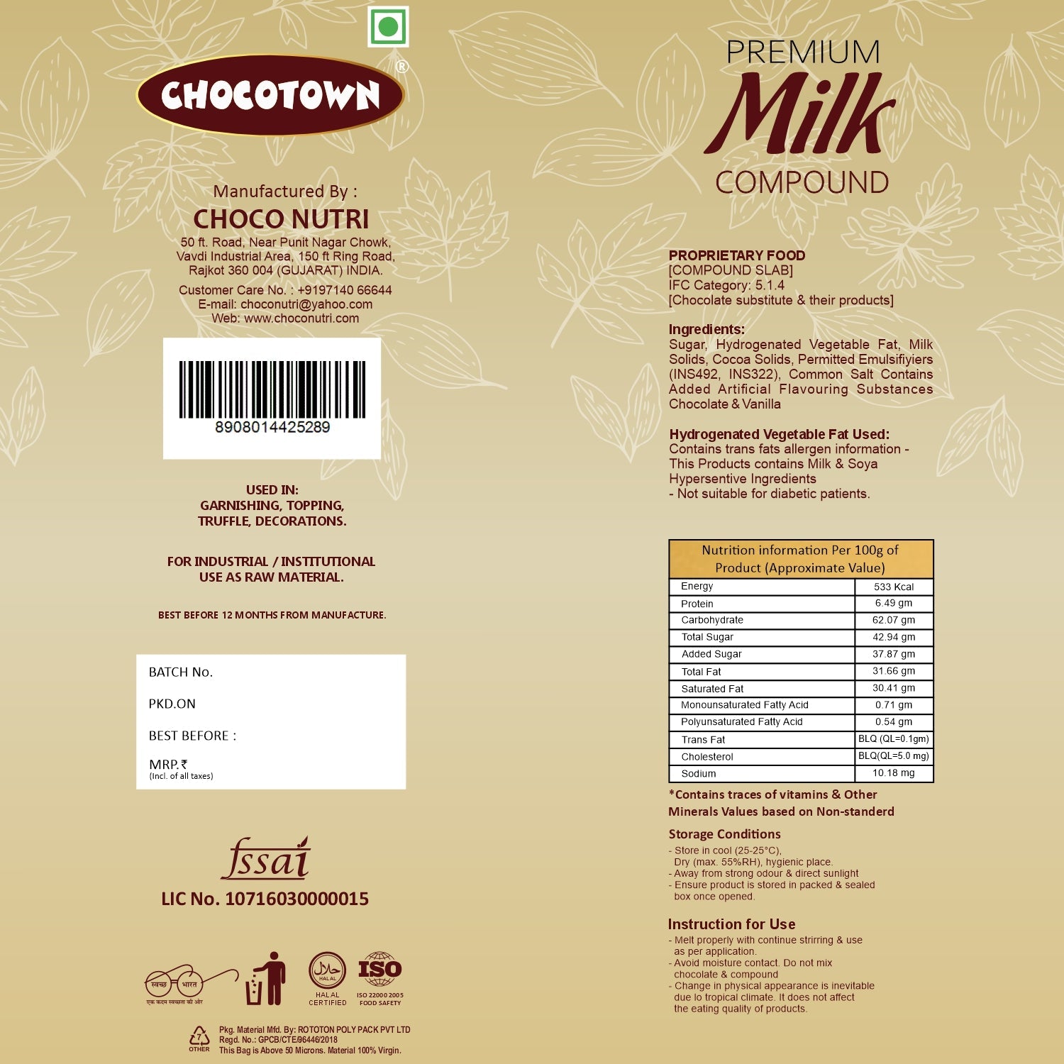Chocotown Milk Chocolate Compound Slab with baking ingredients for dessert making.