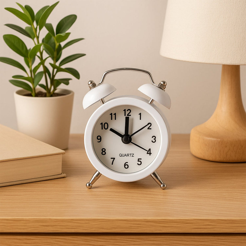 Classic twin-bell analog alarm clock with its iconic hammer striker.