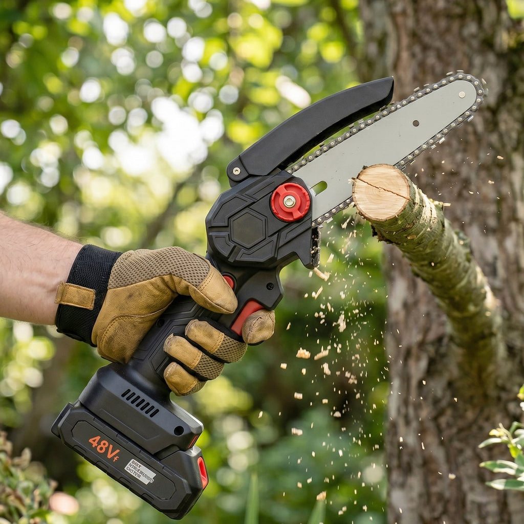 Compact electric chainsaw with ergonomic grip