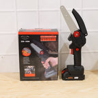 Person using mini cordless electric chainsaw to cut a tree branch