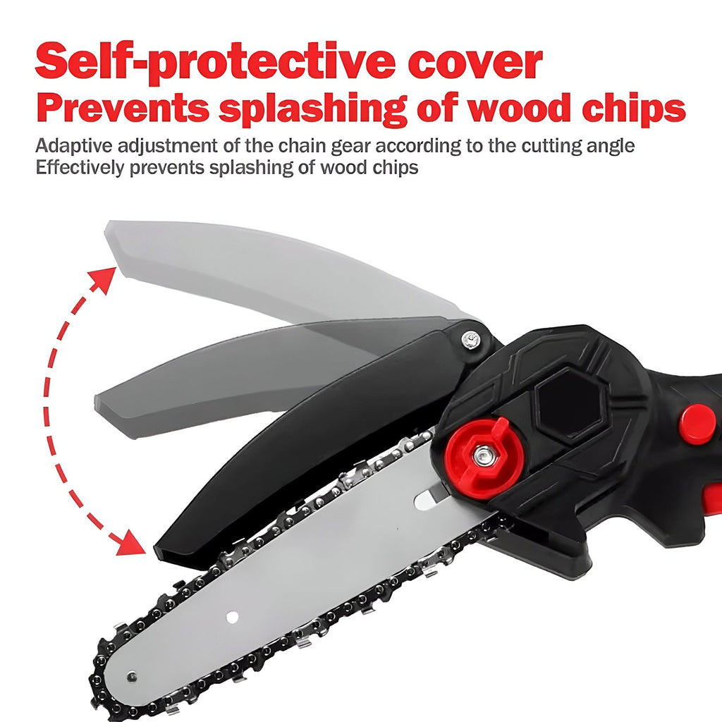 Lifestyle image showing cordless mini electric chainsaw in use