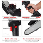 Close-up of mini electric chainsaw showing ergonomic grip and safety guard