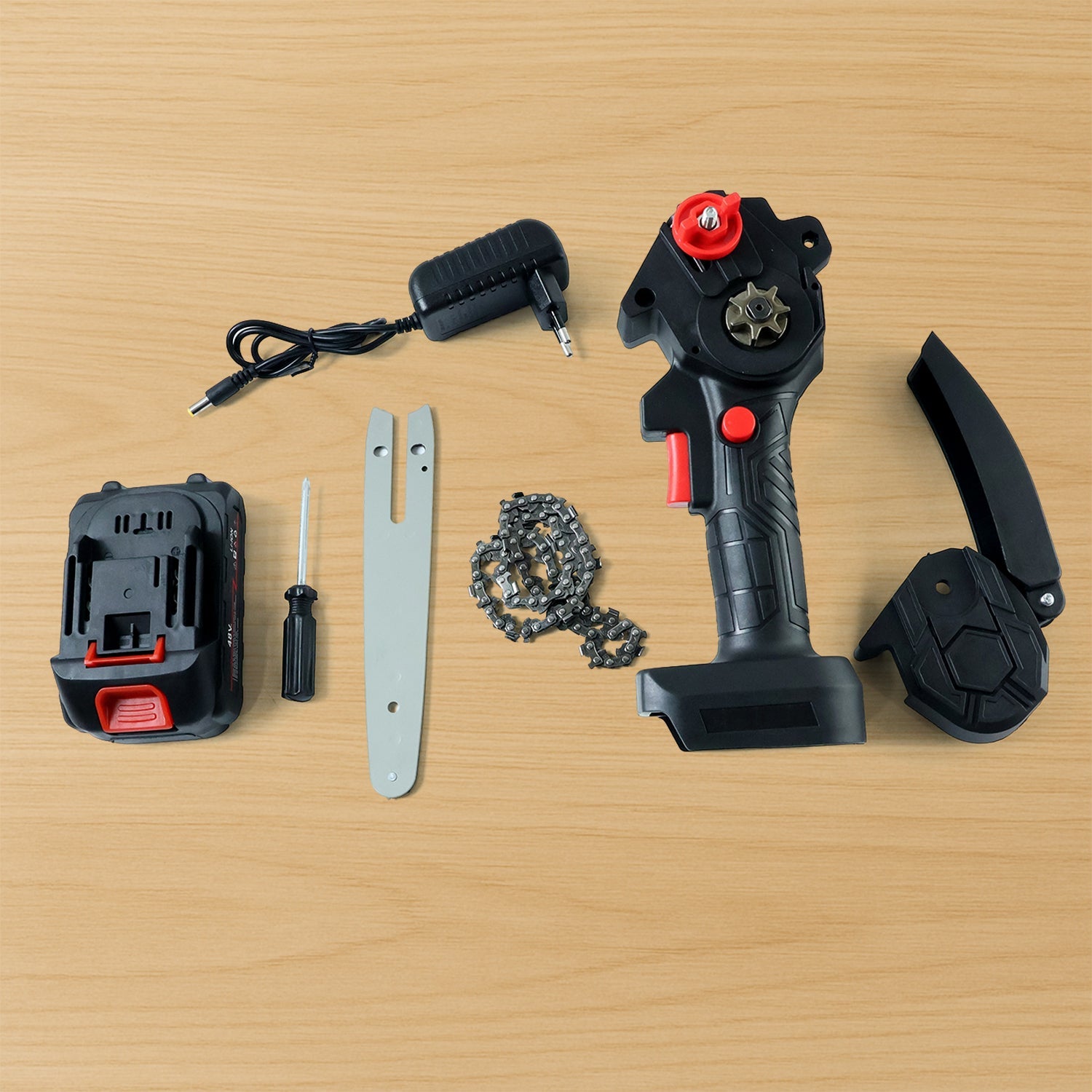 Mini electric chainsaw side profile view