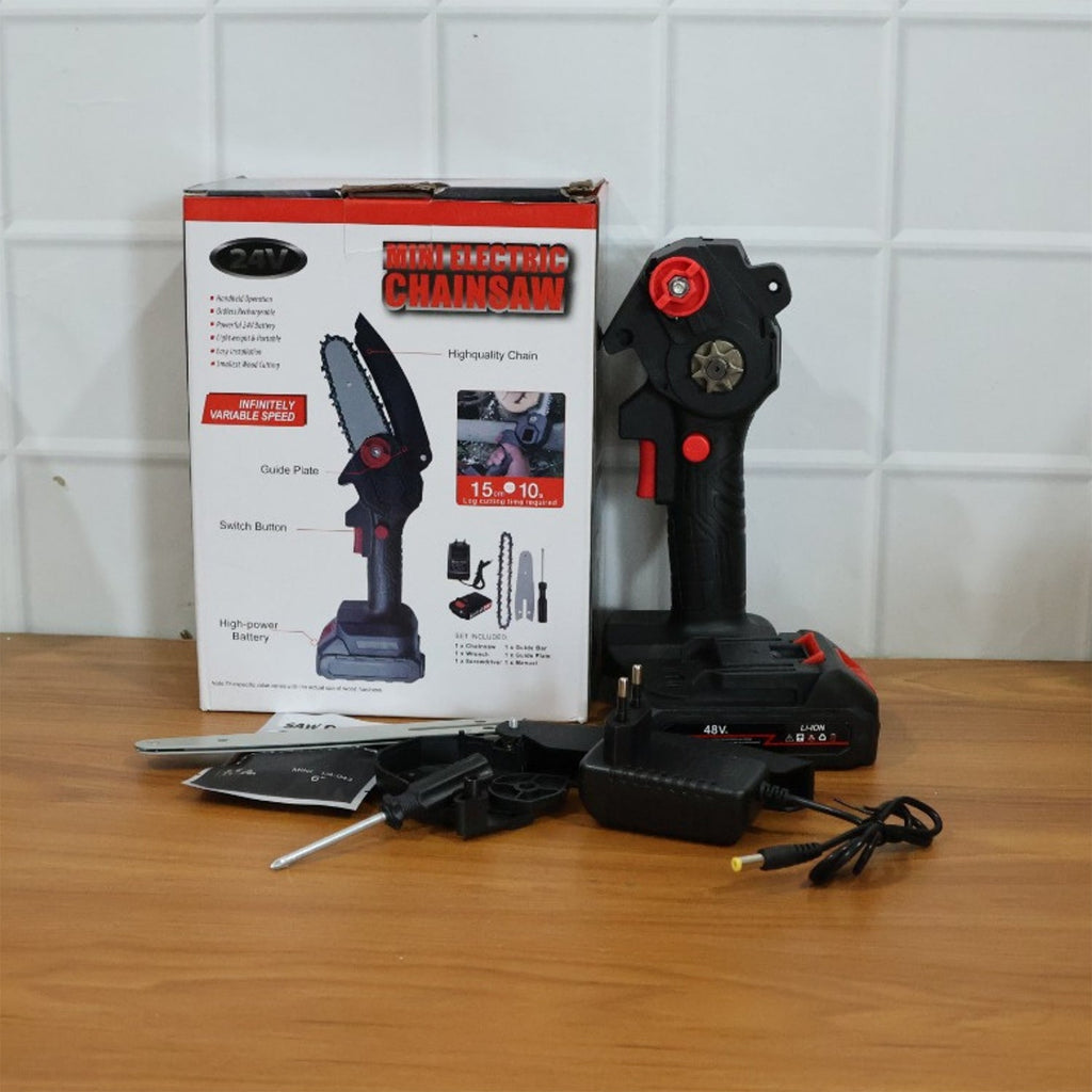 Mini electric chainsaw compact size showing handheld design