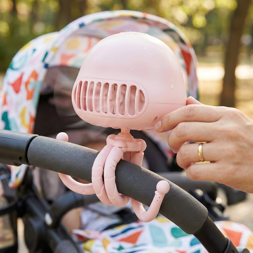 Mini handheld fan with tripod setup ideal for hands-free cooling and decoration
