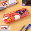 Kids LED Light Pencil Box with vibrant cartoon print and secure flap closure.