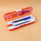 Open cartoon pencil box with the integrated LED light brightly illuminated.