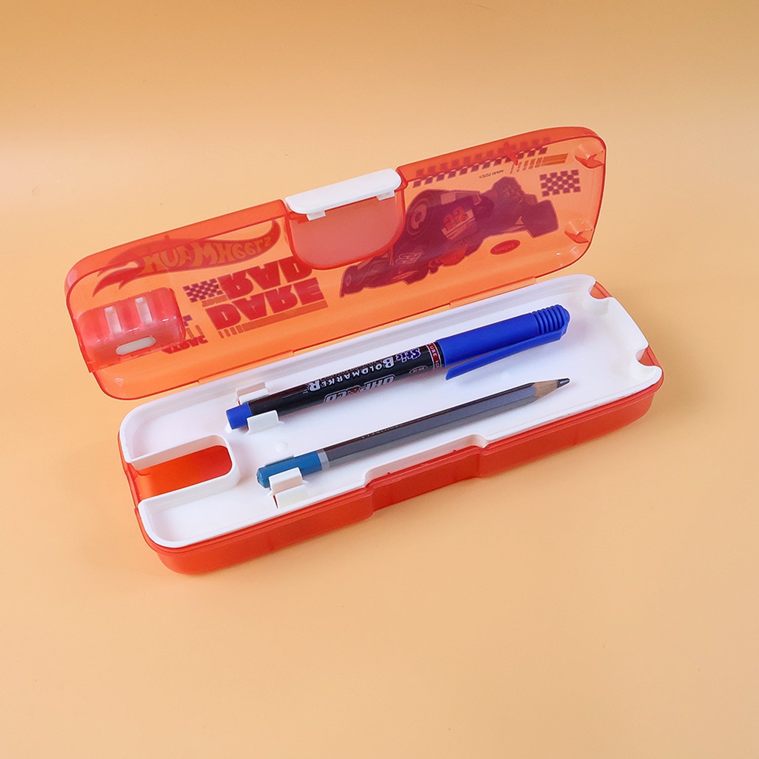 Open cartoon pencil box with the integrated LED light brightly illuminated.