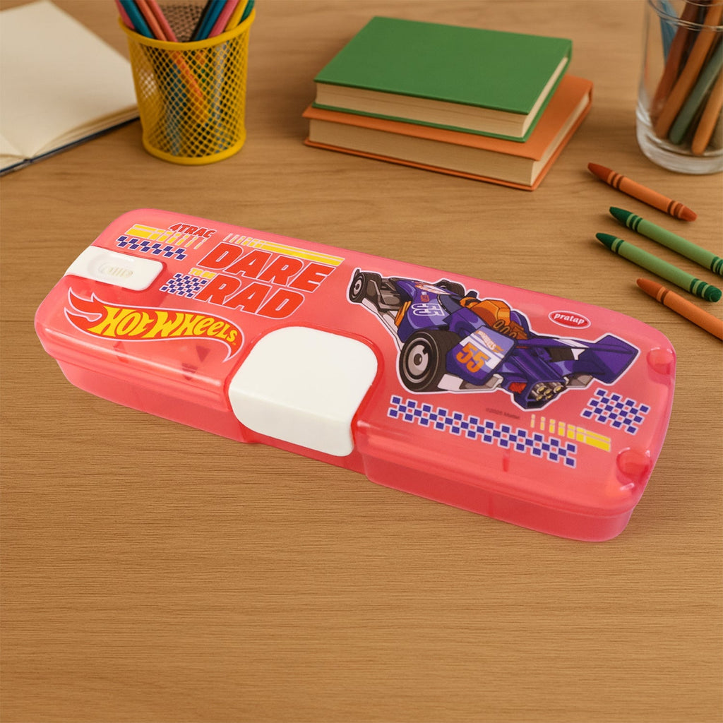 Side profile of the durable plastic LED Light Pencil Box with playful cartoon art.
