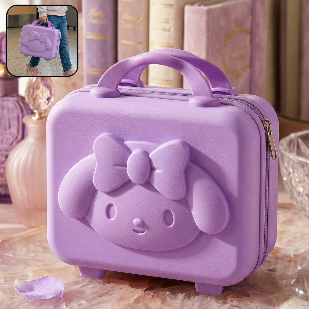 Front view of kids bear-shaped hard shell carry case showing bear design