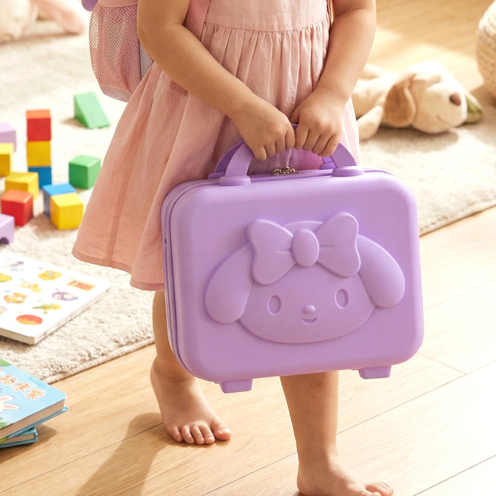 Open kids bear hard shell carry case displaying neatly organized interior compartments