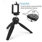Universal mini tripod holding a smartphone, ideal for stable video recording.
