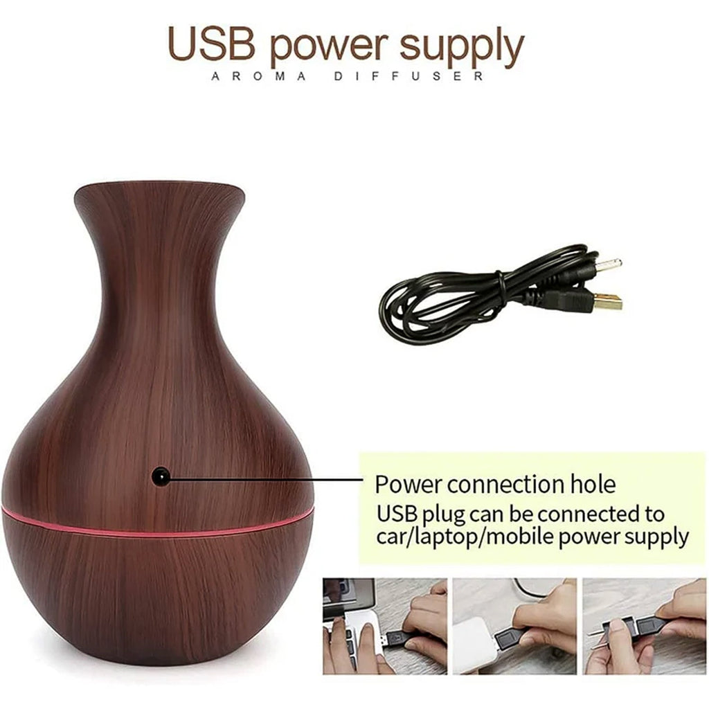 Diagram showcasing the dimensions and features of the Mini Wooden Humidifier.