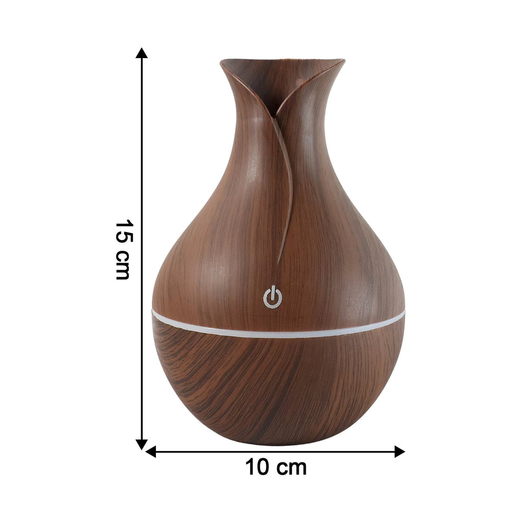 Angled view of the Mini Wooden Humidifier, showcasing its unique wooden vase design.