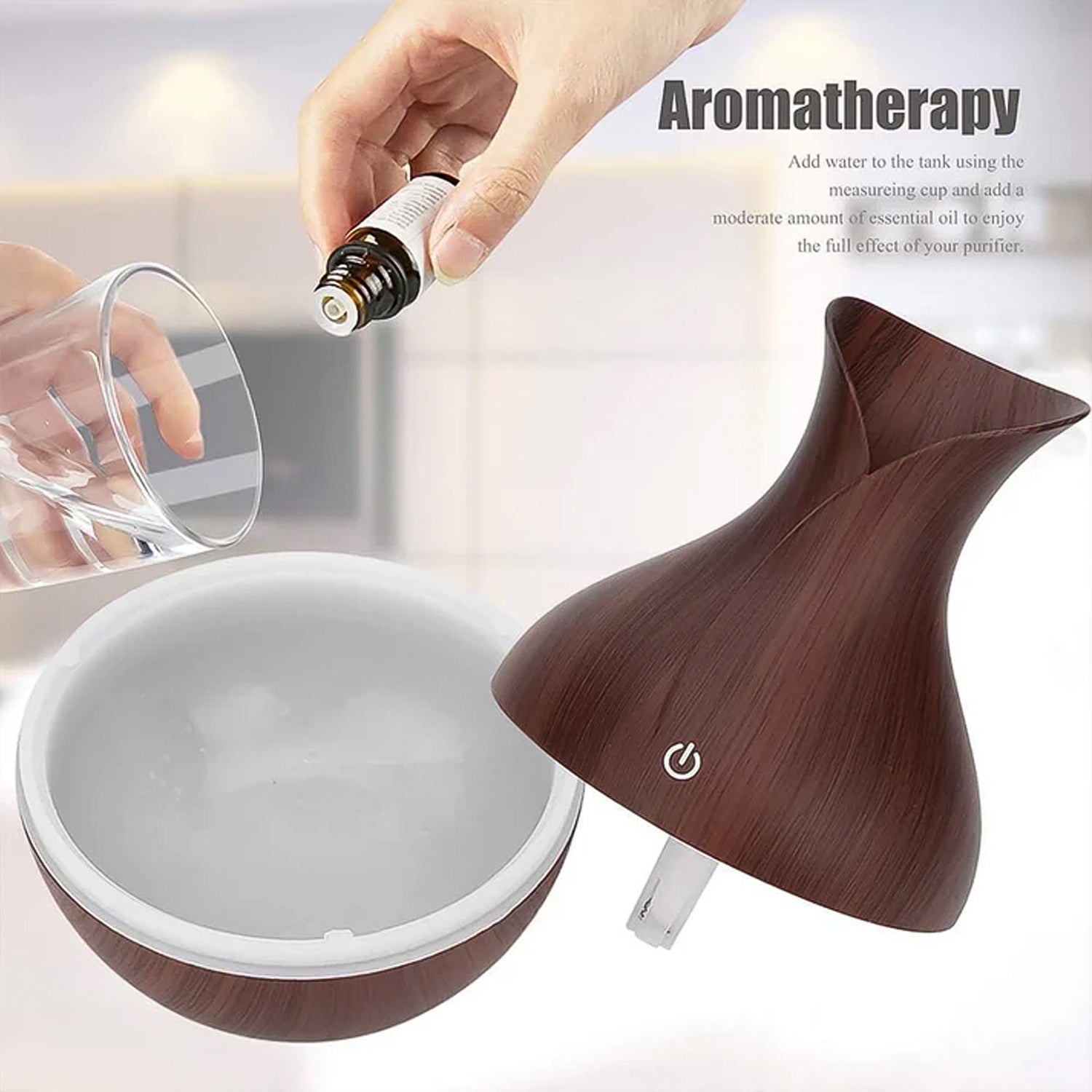 Stylish Mini Wooden Humidifier operating with a gentle, calming mist.