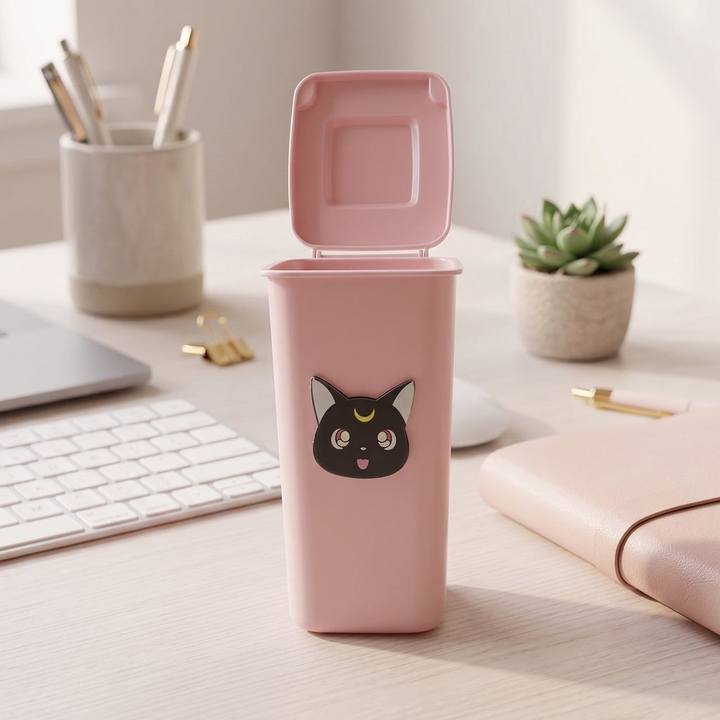 Desk decor pen stand with trash can shape