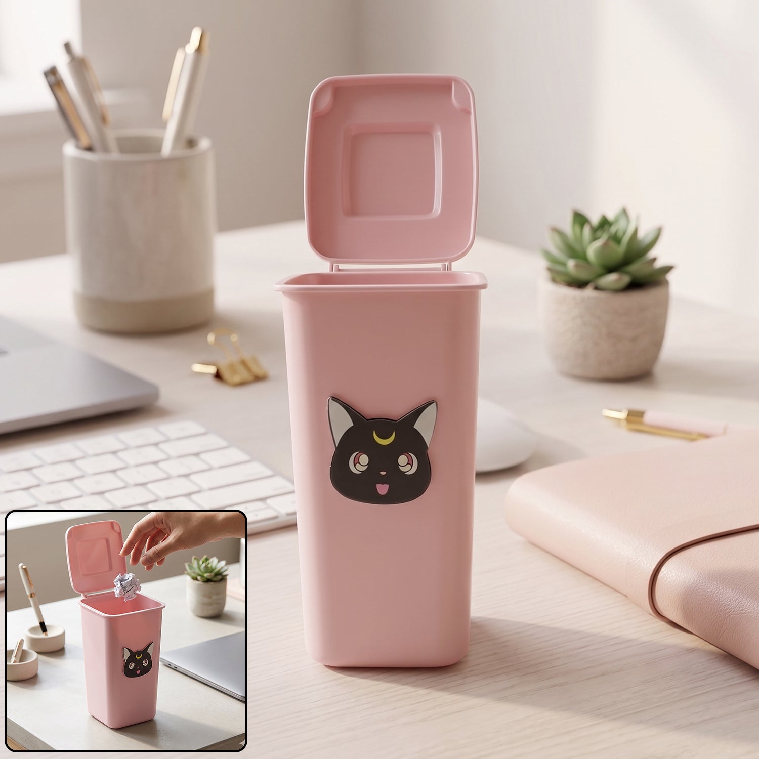 Cute pink mini trash can shape pen stand for desk organization