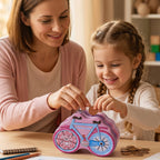 Lock and key piggy bank with bicycle theme for children