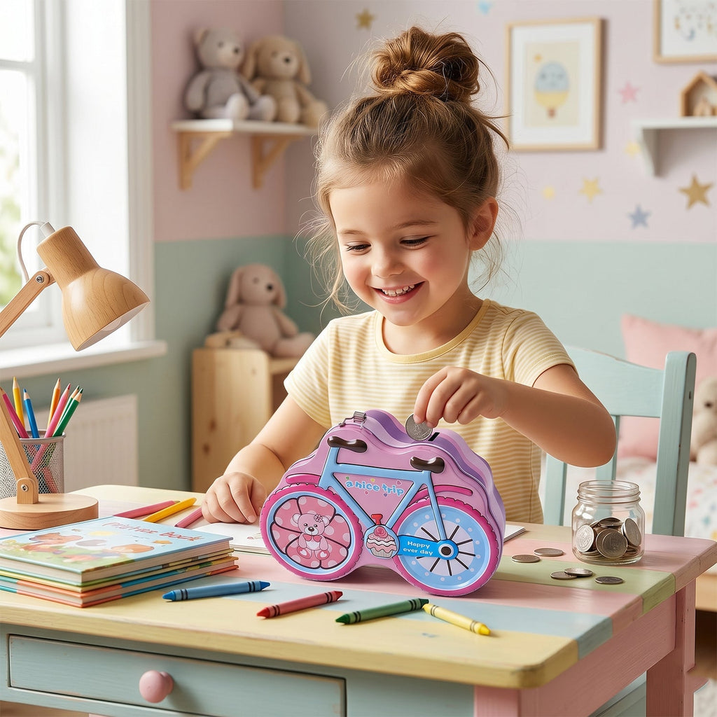 Bicycle shape metal piggy bank with lock for kids