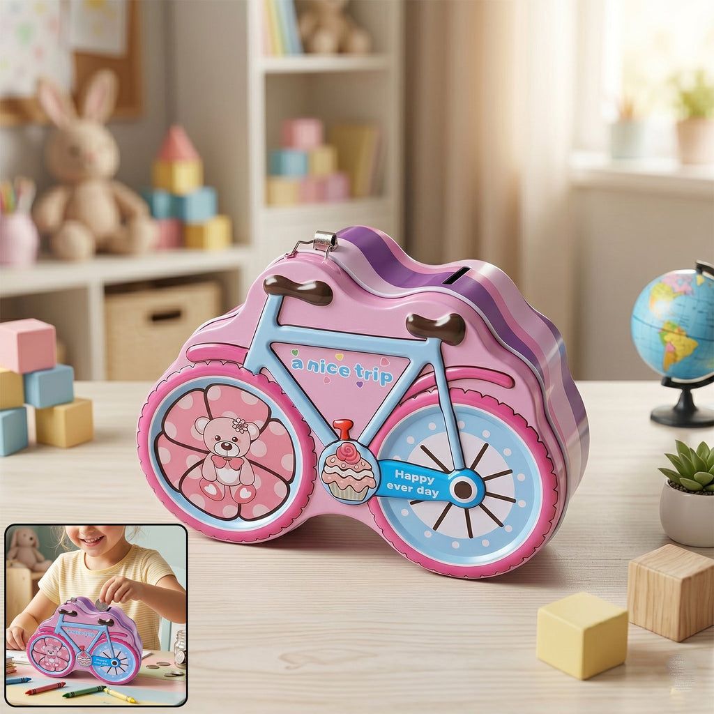 Pink and blue bicycle-shaped piggy bank with lock for kids