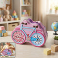 Pink and blue bicycle-shaped piggy bank with lock for kids