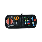 Compact travel sewing set in its closed zipper case, ready for storage.