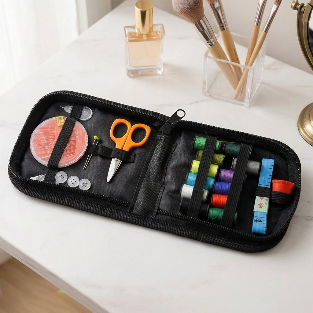 Emergency sewing kit set for travel, showing essential tools laid out.