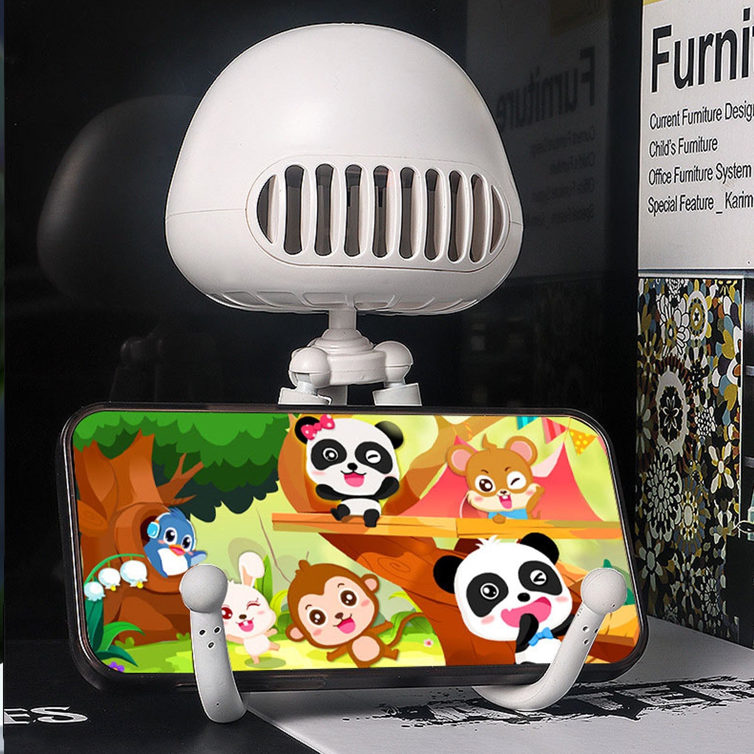 USB rechargeable mini fan featuring LED star projector with decorative lighting