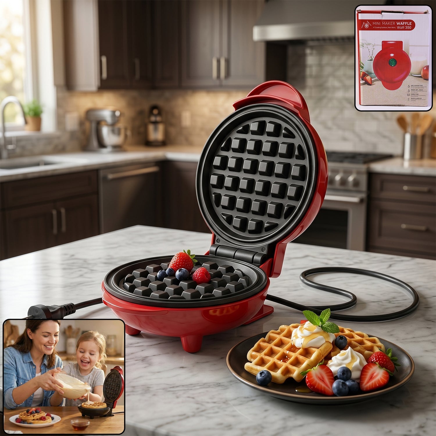 Compact Mini Waffle Maker with its lid closed, ready for use.