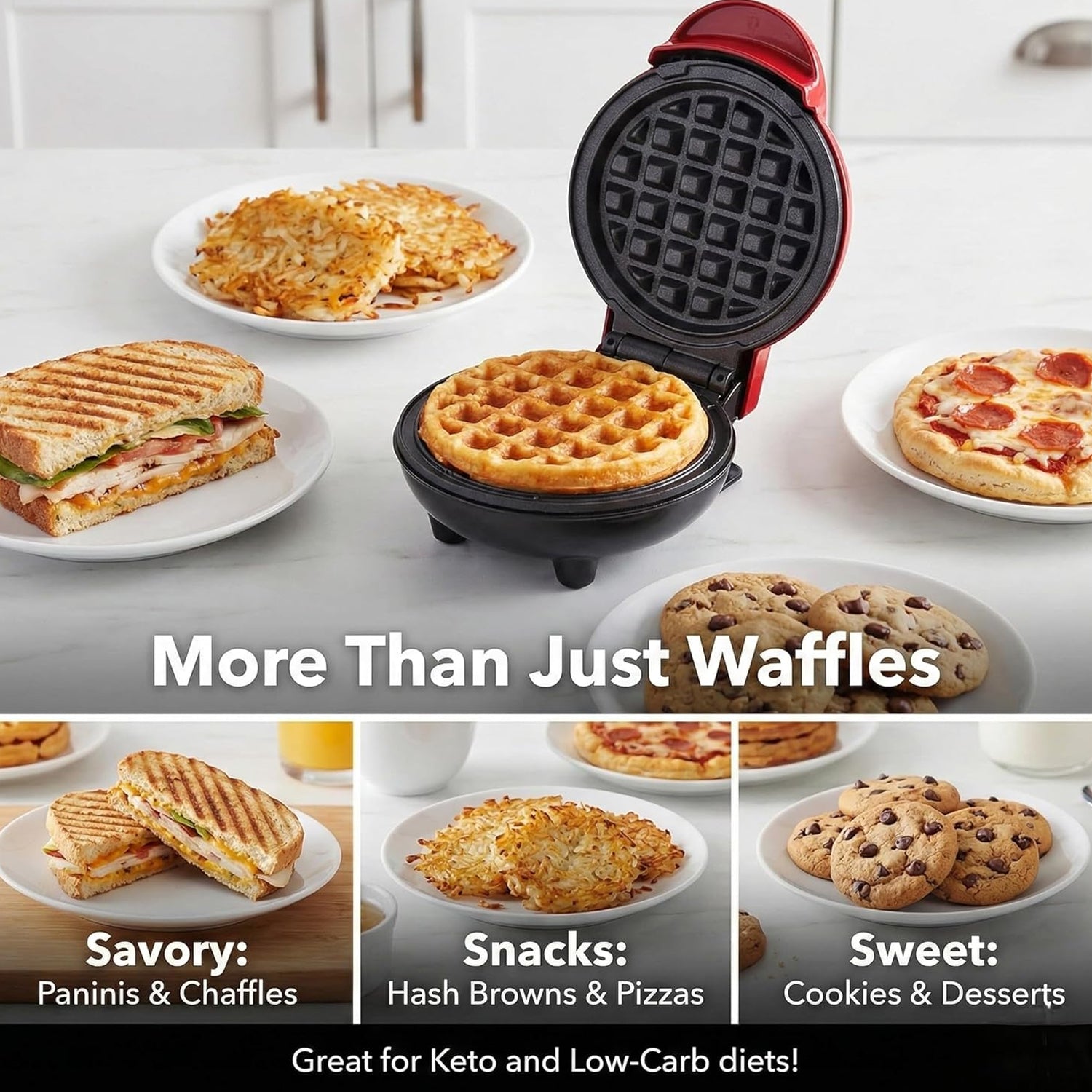 Top view of the round Mini Waffle Maker showing its indicator light.