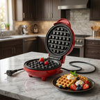 A Chef's Embrace Mini Waffle Maker preparing snacks on a kitchen counter.