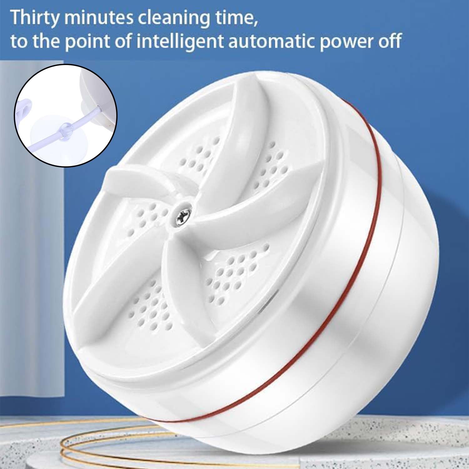 Underside of the travel-friendly mini washer, showing the strong suction cup base for stability.