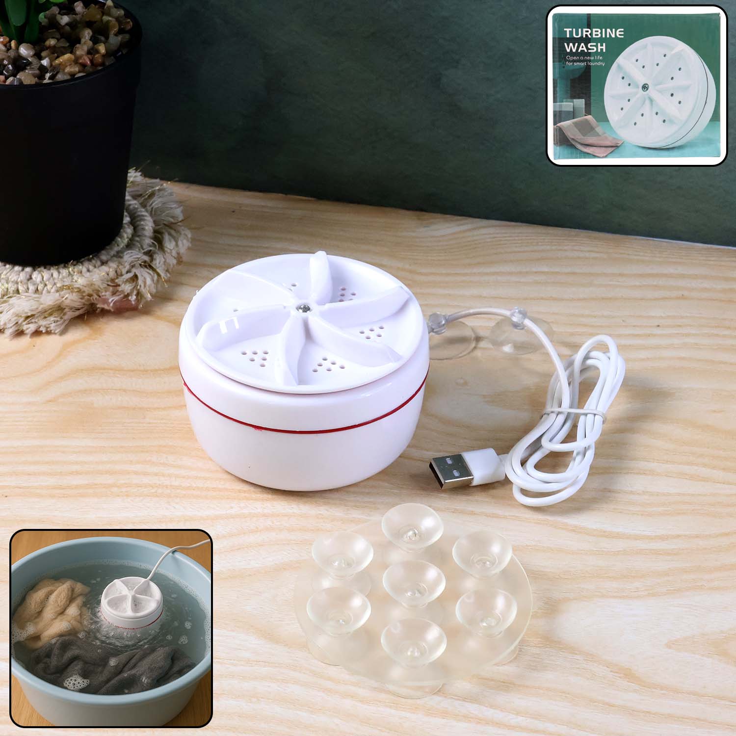 A compact white mini washing machine with a visible turbine, ready for use.