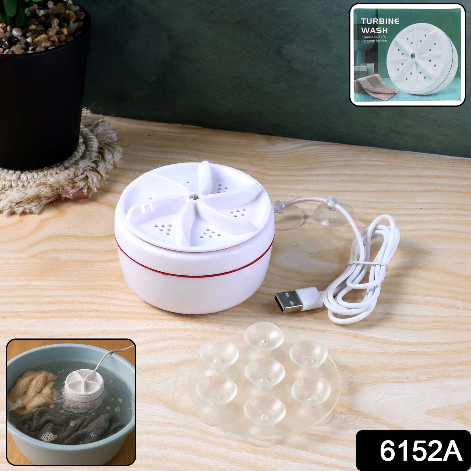 The portable USB-powered mini washing machine shown from an angle, highlighting its compact design.
