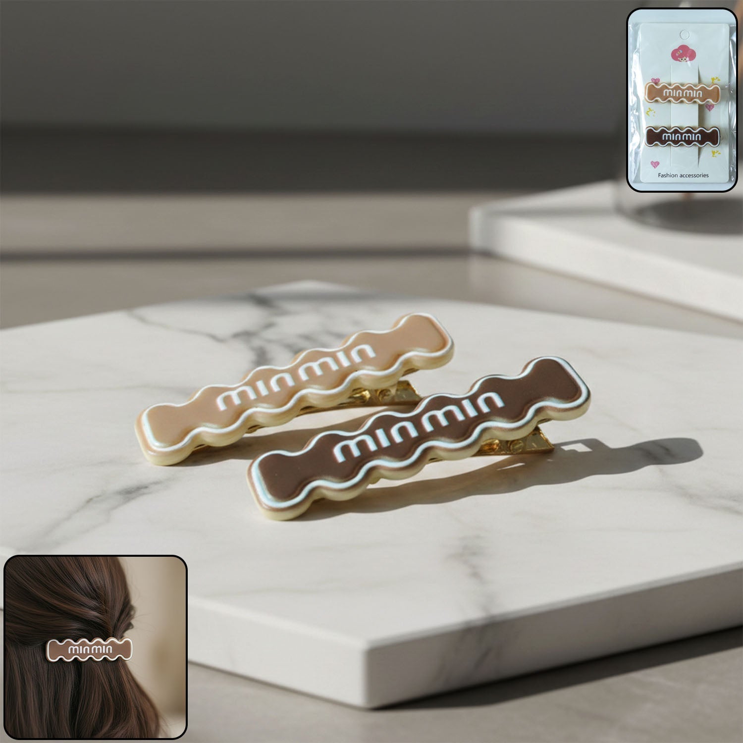 Angled view of a stylish wavy hair clip showing secure snap hold