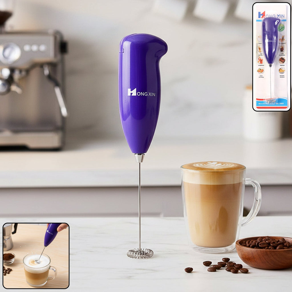 Handheld milk frother creating coffee foam efficiently
