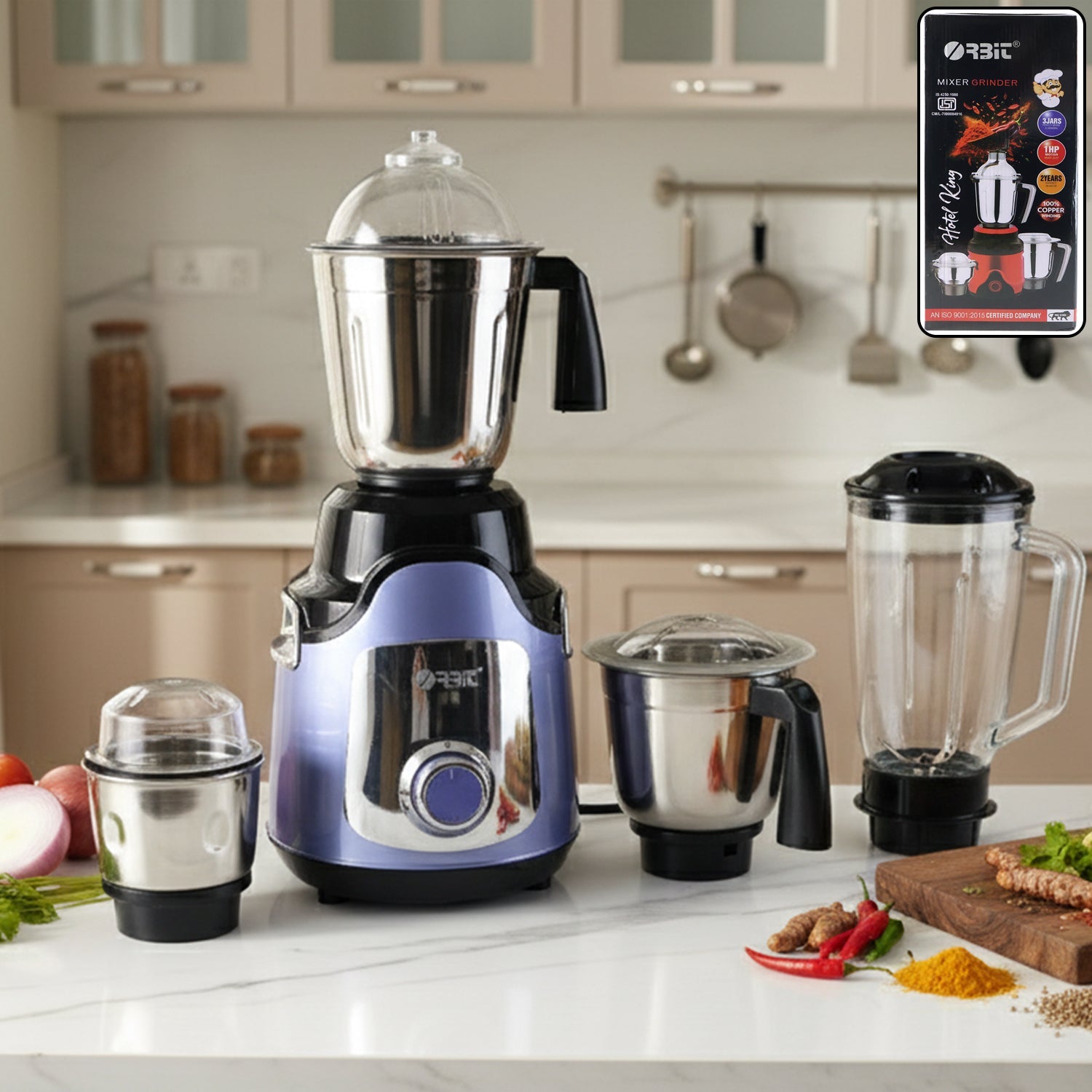 1 HP heavy duty mixer grinder showing four durable jars for versatile kitchen use
