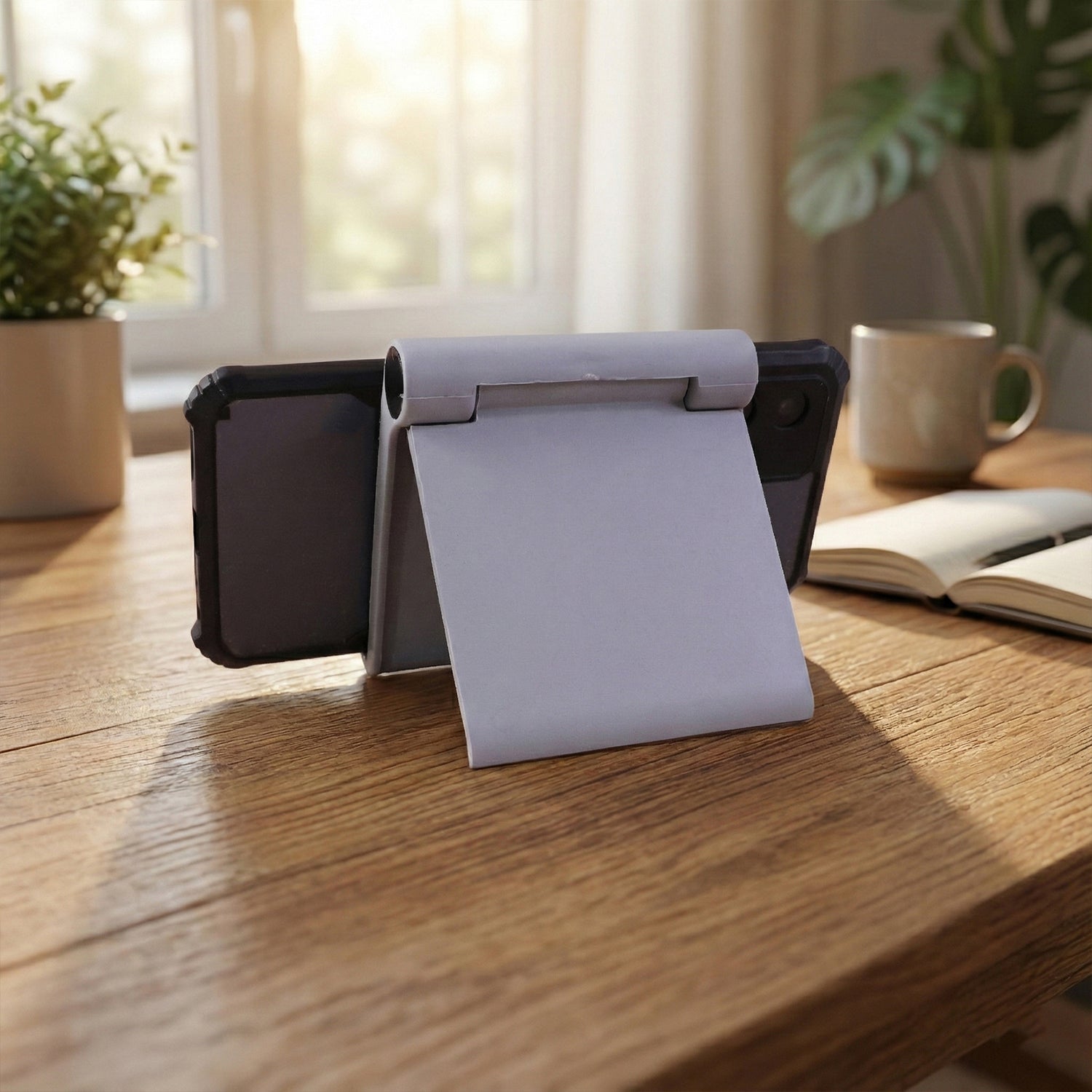 Close-up view of plastic mobile stand supporting smartphone
