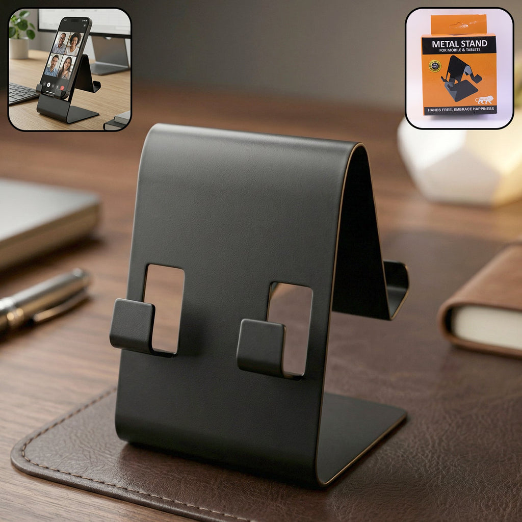 Black foldable metal mobile & tablet stand for desk or travel