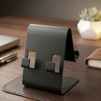 Portable black metal mobile stand, angled view