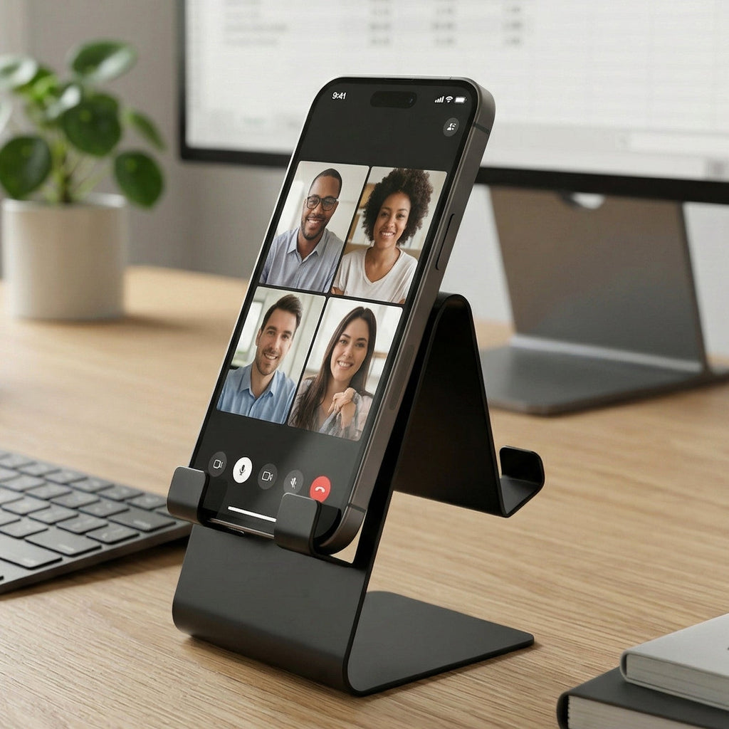 Folded black metal mobile stand, portable and compact