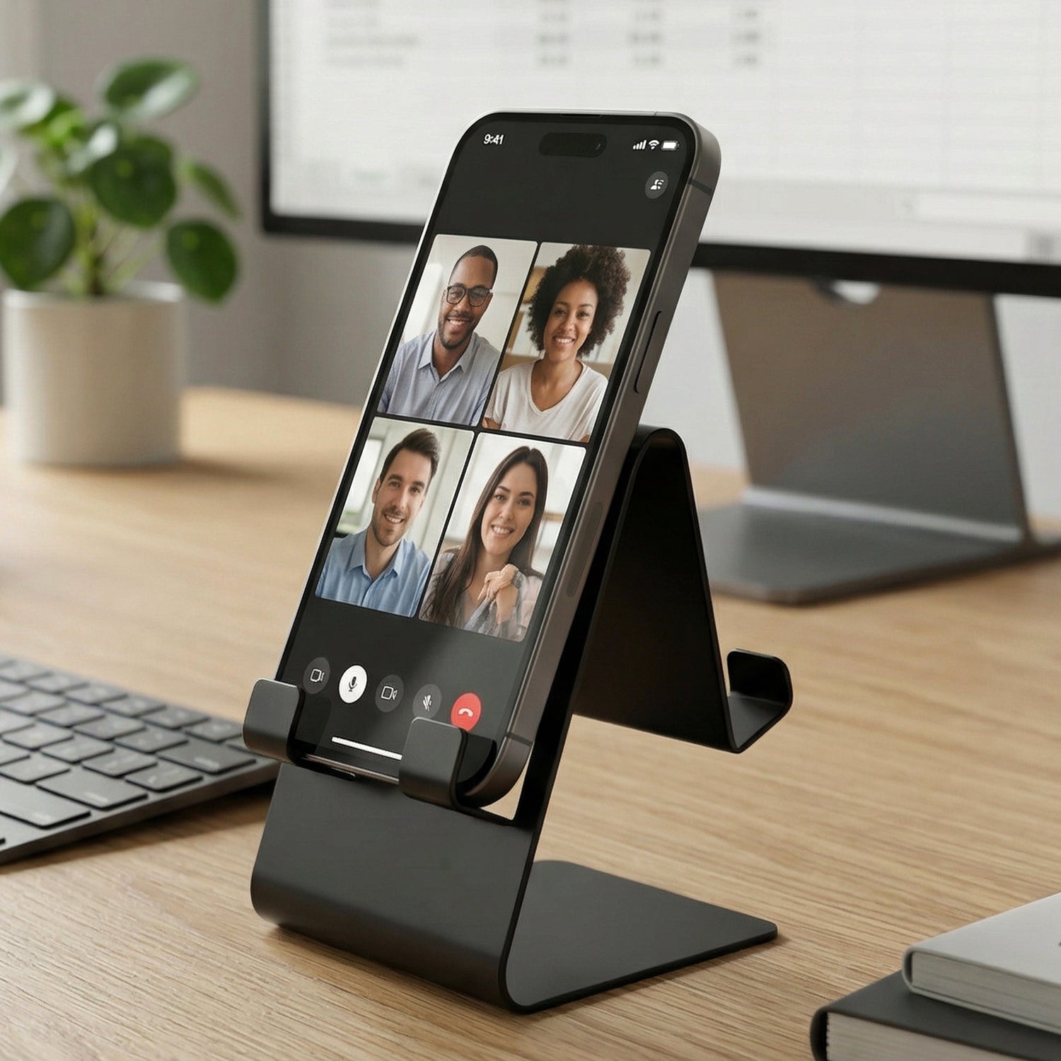 Folded black metal mobile stand, portable and compact