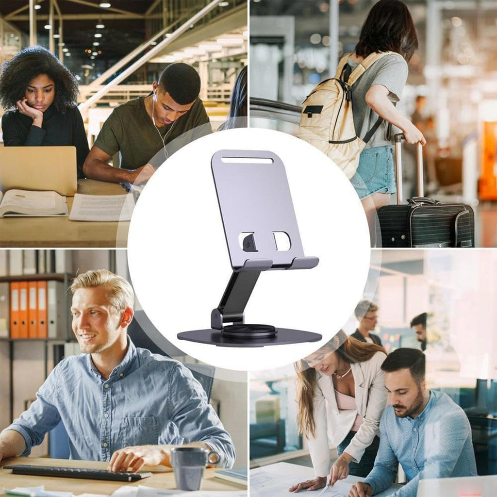 Robust metallic round base of the mobile stand ensuring device stability on any surface.