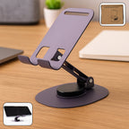  foldable mobile stand with 360° rotation and stable metallic round base.